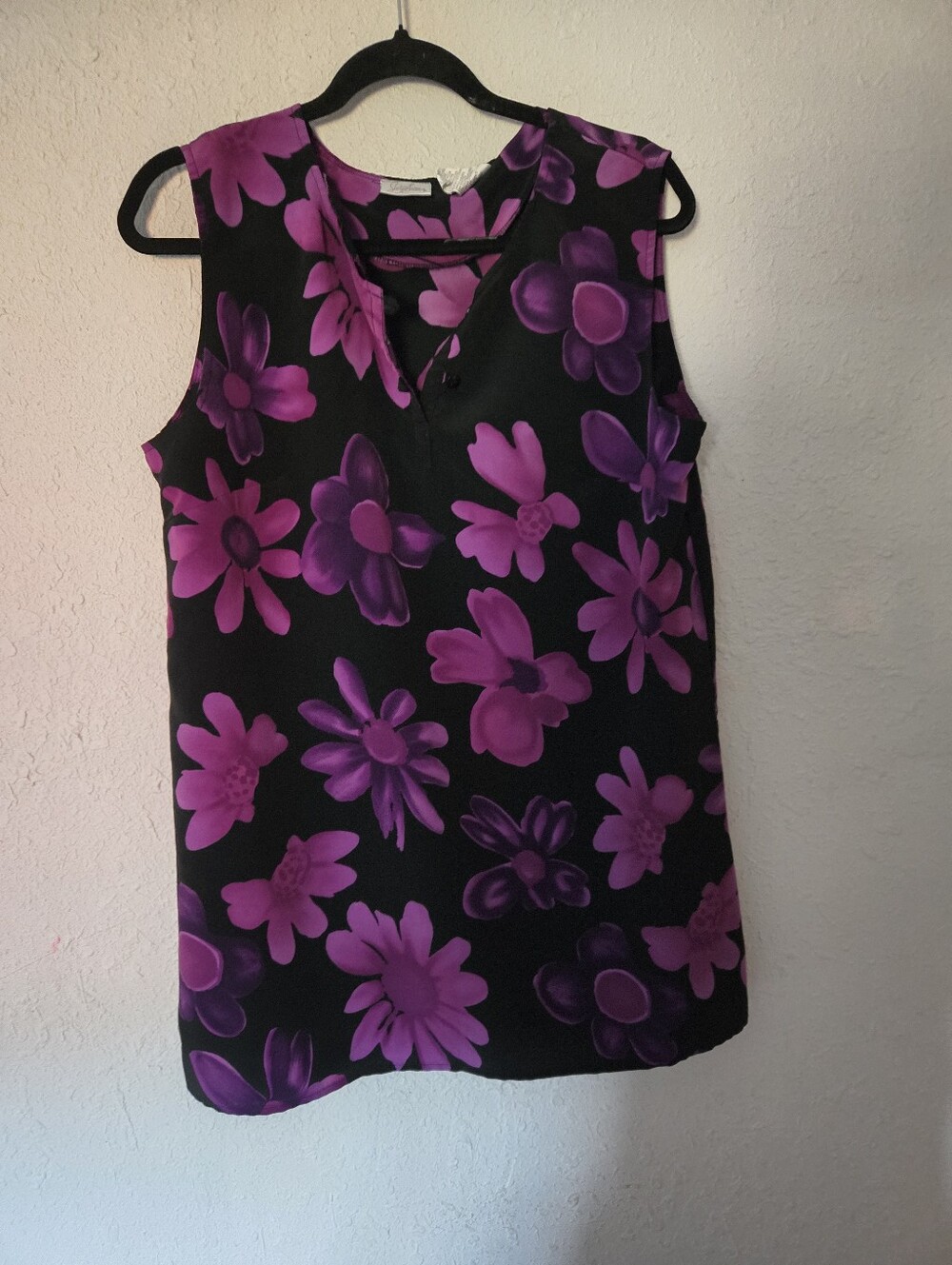 Jaclyn Smith Sleeveless Black Tunic with Bold Purple Floral Print
